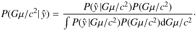 Mathematical equation: \begin{equation} P(\Gmu|\, \hat{y})=\dfrac{P(\hat{y}\, | \Gmu) P( \Gmu)}{\int P(\hat{y}\, | \Gmu) P( \Gmu) {\rm d} \Gmu}\cdot \end{equation}