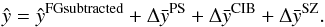 Mathematical equation: \begin{equation} \hat{y}=\hat{y}^{\rm FG subtracted}+\Delta \bar{y}^{\rm PS}+\Delta \bar{y}^{\rm CIB}+\Delta \bar{y}^{\rm SZ}. \end{equation}