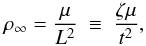 Mathematical equation: \begin{eqnarray} \label{eq:onescale} \rho_\infty = \frac{\mu}{L^2} ~\equiv~ \frac{\zeta\mu}{t^2}, \end{eqnarray}