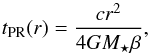 Mathematical equation: \begin{equation} \label{eq:t_P--R} t\sub{PR}(r) = \frac{ c r^2 }{ 4 G M\sub{\star} \beta }, \end{equation}