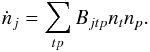 Mathematical equation: \appendix \setcounter{section}{1} \begin{equation} \label{eq:precalc} \dot{ n }_{ j } = \displaystyle\sum\limits_{tp} B_{jtp} n_{t} n_{p}. \end{equation}