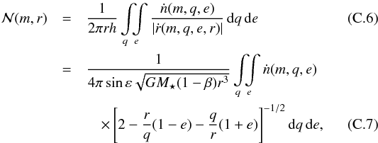 Mathematical equation: \appendix \setcounter{section}{3} \begin{eqnarray} \label{eq:unbound_lohne_basic} \mathcal{N}(m,r) & = &\frac{ 1 }{ 2 \pi r h } \int\limits_{q} \! \! \! \int\limits_{e} \frac{ \dot n(m,q,e) }{ | \dot r(m,q,e,r) | } \, \dif q \, \dif e \\ \label{eq:unbound_lohne} & = & \frac{ 1 }{ 4 \pi \sin\varepsilon \sqrt{ G M\sub{\star} ( 1 - \beta ) r^3 } } \int\limits_{q} \! \! \! \int\limits_{e} \dot n(m,q,e) \nonumber\\ & &\quad \times \left[ 2 - \frac{r}{q} (1 - e) - \frac{q}{r} (1 + e) \right]^{-1/2} \dif q \, \dif e, \end{eqnarray}