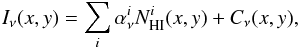 \begin{equation} \label{eq_regress} I_\nu(x,y) = \sum_i \alpha^{i}_\nu N_{\rm HI}^{i}(x,y) + C_\nu(x,y), \end{equation}