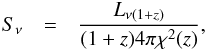 \begin{eqnarray} S_{\nu}&=& \frac{L_{\nu(1+z)}}{(1+z)4\pi\chi^2(z)}, \end{eqnarray}