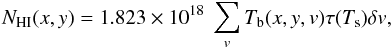 \appendix \setcounter{section}{1} \begin{equation} N_{\mathrm{HI}}(x,y) = 1.823 \times10^{18}\ \sum_{v} T_{\rm b}(x,y,v) \tau(T_{\rm s}) \delta v , \end{equation}