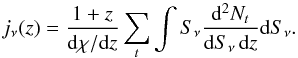 \appendix \setcounter{section}{2} \begin{equation} j_\nu(z) = \frac{1+z}{{\rm d}\chi/{\rm d}z} \sum_{t} \int S_\nu \frac{{\rm d}^2N_{t}}{{\rm d}S_\nu \, {\rm d}z} {\rm d}S_\nu. \end{equation}
