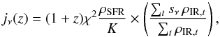 \appendix \setcounter{section}{2} \begin{equation} j_\nu(z) = (1+z) \chi^2 \frac{\rho_{\rm SFR}}{K} \times \left( \frac{\sum_{t} s_\nu \, \rho_{{\rm IR},t}}{\sum_{t}\rho_{{\rm IR},t}}\right), \end{equation}