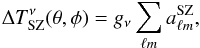\begin{equation} \Delta T_{\rm SZ}^\nu(\theta,\phi) = g_\nu \sum_{\ell m} a_{\ell m}^{\rm SZ}, \end{equation}