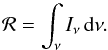 Mathematical equation: \begin{equation} \label{eq:radiance} {\cal{R}} = \int_\nu I_\nu \, {\rm d}\nu. \end{equation}