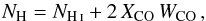 Mathematical equation: \begin{equation} \label{eq:ntot} N_{\rm H} = N_\ion{H}{i} + 2\,X_{\rm CO}\, W_{\rm CO}\, \end{equation}