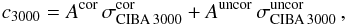 Mathematical equation: \appendix \setcounter{section}{3} \begin{equation} c_{3000} = A^{\rm cor} \, \sigma^{\rm cor}_{\rm CIBA\,3000} + A^{\rm uncor} \, \sigma^{\rm uncor}_{\rm CIBA\,3000}\,, \end{equation}