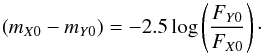 Mathematical equation: \appendix \setcounter{section}{5} \begin{equation} \label{eq:int_col_template} (m_{X0} - m_{Y0}) = -2.5 \log\left( \frac{F_{Y0}}{F_{X0}} \right)\cdot \end{equation}