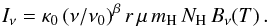 Mathematical equation: \begin{equation} I_\nu = \kappa_0 \, (\nu/\nu_0)^\beta \, r \, \mu \, m_{\rm H} \, N_{\rm H} \, B_\nu(T)\,. \end{equation}