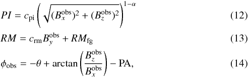 Mathematical equation: \begin{eqnarray} \label{eq:PI}&&PI = c_{\rm pi} \left(\sqrt{(B_x^{\rm obs})^2+(B_z^{\rm obs})^2}\right)^{1-\alpha} \\ \label{eq:PA}&&RM = c_{\rm rm} B_y^{\rm obs} + RM_{\rm fg} \\ \label{eq:phi}&&\phi_{\rm obs} = -\theta+\arctan\left(\frac{B_z^{\rm obs}}{B_x^{\rm obs}}\right)-{\rm PA}, \end{eqnarray}
