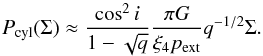 Mathematical equation: \begin{equation} [A_V]_{\rm max} =\frac{2.17}{\cos i} \sqrt{\frac{p_{\rm ext}/k}{2\times 10^4~{\rm K\,cm^{-3}}}} \left(\frac{q}{1/14.04}\right)^{\frac{1}{4}}~{\rm mag}. \end{equation}