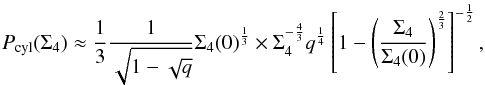 Mathematical equation: \begin{eqnarray} P_{\rm cyl}(X_n)\!\approx\! \frac{1}{n-1}\frac{1}{\sqrt{1-q^{2/n}}}X_n^{-\frac{n}{n-1}}\zeta_n^{\frac{1}{n-1}} \times \left[1-\left(\frac{X_n}{X_n(0)}\right)^{\frac{2}{n-1}}\right]^{-\frac{1}{2}}.~~~~ \end{eqnarray}