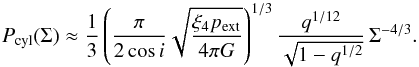 Mathematical equation: \begin{equation} \label{eq_msurfapproxhigh_n4} \Sigma_4(0) = \frac{\hat \Sigma}{\cos i} \sqrt{\frac{\xi_4}{q}}\frac{\pi}{4} \end{equation}