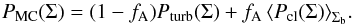 Mathematical equation: \begin{equation} P_{\rm MC}(\Sigma) = (1-f_{\rm A}) P_{\rm turb}(\Sigma) + f_{\rm A} \left<P_{\rm cl}(\Sigma)\right>_{\Sigma_{\rm b}}\!. \end{equation}