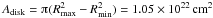 Mathematical equation: \hbox{$A_{\mathrm{disk}}=\piup (R_{\mathrm{max}}^{2}-R_{\mathrm{min}}^{2})=1.05\times 10^{22}\,\mathrm{cm}^{2}$}