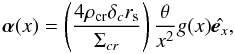 Mathematical equation: \begin{eqnarray} \label{eq:alpha} \vec \alpha(x) = \left(\frac{4\rho_{\rm cr}\delta_c r_{\rm s}}{\Sigma_{cr}}\right)\frac{\theta}{x^{2}}g(x)\hat{{\vec e}_x}, \end{eqnarray}