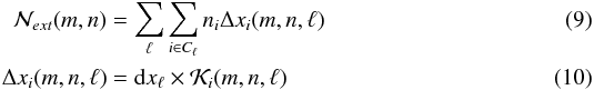 Mathematical equation: \begin{eqnarray} \label{N_discret0} \mathcal{N}_{ext}(m,n) &=& \sum_{\ell} \sum_{i \in C_\ell} n_i \Delta x_i (m, n, \ell) \\ \label{deltax} \Delta x_i (m, n, \ell) &=& {\rm d}x_\ell \times \mathcal{K}_i(m,n,\ell) \end{eqnarray}