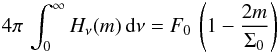 Mathematical equation: \begin{eqnarray} \label{u9} 4\pi \, \int^{\infty}_{0} H_\nu(m) \, {\rm d}\nu = F_0\, \left(1-\frac{2m}{\Sigma_0}\right) \end{eqnarray}