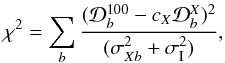 Mathematical equation: \begin{equation} \chi^2 = \sum_b{( {\cal D}_b^{100} - c_X{\cal D}_b^X)^2 \over (\sigma_{Xb}^2 + \sigma_{\rm I}^2) }, \label{D1} \end{equation}