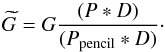 Mathematical equation: \appendix \setcounter{section}{2} \begin{equation} \Gest = G{(P\ast D)\over(\Ppencil\ast D)}\cdot \end{equation}