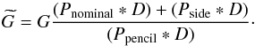 Mathematical equation: \appendix \setcounter{section}{2} \begin{equation} \Gest = G{(\Pnominal\ast D) + (\Pside\ast D)\over(\Ppencil \ast D)}\cdot \end{equation}