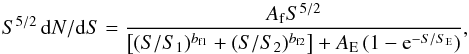 Mathematical equation: \begin{equation} S^{5/2}\,{\rm d}N/{\rm d}S = {A_{\rm f} S^{5/2} \over \left[ (S/S_1)^{b_{\rm f1}} + (S/S_2)^{b_{\rm f2}}\right] + A_{\rm E} \, (1 - {\rm e}^{-S/S_{\rm E}})}, \end{equation}