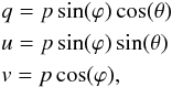 Mathematical equation: \begin{eqnarray} &&q = p \sin(\varphi) \cos(\theta) \notag \\ &&u = p \sin(\varphi) \sin(\theta) \notag \\ &&v = p \cos(\varphi), \end{eqnarray}
