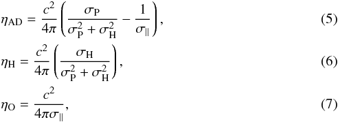 Mathematical equation: \begin{eqnarray} \label{eqetaAD}&&\eta_{\rm AD} = \frac{c^{2}}{4\pi}\left(\frac{\sigma_{\rm P}}{\sigma_{\rm P}^{2}+\sigma_{\rm H}^{2}}-\frac{1}{\sigma_{\parallel}}\right), \\ \label{eqetaH} &&\eta_{\rm H} = \frac{c^{2}}{4\pi}\left(\frac{\sigma_{\rm H}}{\sigma_{\rm P}^{2}+\sigma_{\rm H}^{2}}\right), \\ \label{eqetaO}&&\eta_{\rm O} = \frac{c^{2}}{4\pi\sigma_{\parallel}}, \end{eqnarray}