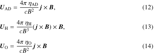 Mathematical equation: \begin{eqnarray} &&\vec U_{\rm AD} = \frac{4\pi\ \eta_{\rm AD}}{cB^{2}}\vec j\times\vec B,\\[2mm] &&\vec U_{\rm H} = \frac{4\pi\ \eta_{\rm H}}{cB^{3}}(\vec j\times\vec B)\times\vec B ,\\[2mm] &&\vec U_{\rm O} = \frac{4\pi\ \eta_{\rm O}}{cB^{2}}\vec j\times\vec B\, \end{eqnarray}