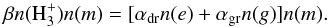 Mathematical equation: \appendix \setcounter{section}{1} \begin{equation} \label{nmhp} \beta n({\rm H}_3^+)n(m) = [\alpha_{\rm dr}n(e) + \alpha_{\rm gr}n(g)]n(m). \end{equation}