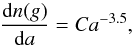 Mathematical equation: \appendix \setcounter{section}{1} \begin{equation} \label{MRN} \frac{\ud n(g)}{\ud a}=Ca^{-3.5}, \end{equation}