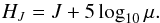 Mathematical equation: \begin{equation} \label{rpm1} H_J = J + 5 \log_{10}\mu. \end{equation}