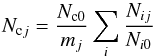 Mathematical equation: \begin{equation} N_{{\rm c}j}=\frac{N_{{\rm c}0}}{m_{j}}\sum_{i} \frac{N_{ij}}{N_{i0}} \hspace{6mm} \end{equation}