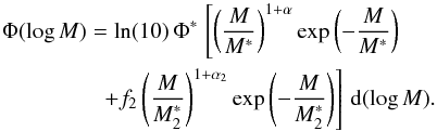 Mathematical equation: \begin{eqnarray} & & \Phi (\log M) = \ln(10) \, \Phi^* \, \left[\left(\frac{M}{M^*}\right)^{1+\alpha} \exp\left(-\frac{M}{M^*}\right) \right. \nonumber \\ &&\hspace*{1.5cm} \left.+ f_2 \left(\frac{M}{M_2^*}\right)^{1+\alpha_2} \exp\left(-\frac{M}{M_2^*}\right) \right] \, {\rm d}(\log M). \label{eq:double} \end{eqnarray}