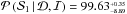 Mathematical equation: \hbox{$\mathcal{P}\left(\mathcal{S}_{1} \,|\, \mathcal{D}, \mathcal{I}\right) = 99.63 ^{_{+0.35}}_{^{-8.89}}$}
