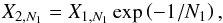 Mathematical equation: \begin{equation} X_{2,N_1} = X_{1,N_1} \exp \left(-1/N_1 \right), \end{equation}