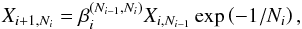 Mathematical equation: \begin{equation} X_{i+1, N_i} = \beta^{(N_{i-1},N_i)}_i X_{i,N_{i-1}} \exp \left(-1/N_i \right), \label{eq:generalized_reduction} \end{equation}