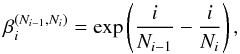 Mathematical equation: \begin{equation} \beta^{(N_{i-1}, N_{i})}_i = \exp \left( \frac{i}{N_{i-1}} - \frac{i}{N_i} \right), \label{eq:stretching_factor} \end{equation}