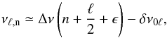 Mathematical equation: \begin{equation} \nu_\mathrm{\ell,n} \simeq \Dnu \left( n + \frac{\ell}{2} + \epsilon \right) - \delta\nu_\mathrm{0\ell}, \label{eq:asymp} \end{equation}