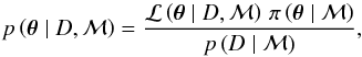 Mathematical equation: \begin{equation} p\left( \boldsymbol{\theta} \mid D, \mathcal{M} \right) = \frac{\mathcal{L} \left( \boldsymbol{\theta} \mid D, \model \right) \, \prior}{p \left( D \mid \mathcal{M} \right)}, \label{eq:bayes} \end{equation}