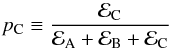 Mathematical equation: \begin{equation} p_\mathrm{C} \equiv \frac{\evid_\mathrm{C}}{\evid_\mathrm{A} + \evid_\mathrm{B} + \evid_\mathrm{C}} \label{eq:p_C3} \end{equation}