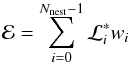 Mathematical equation: \begin{equation} \evid = \sum^{\nnest - 1}_{i=0} \constr_i w_i \, \label{eq:sum_evidence} \end{equation}