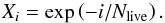 Mathematical equation: \begin{equation} X_{i} = \exp \left(-i/\nlive \right). \label{eq:standard_reduction} \end{equation}