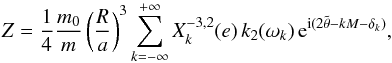 Mathematical equation: \begin{eqnarray} \Z = \frac{1}{4} \frac{\M}{\m} \left(\frac{R}{a}\right)^3 \sum^{+\infty}_{k=-\infty} X_k^{-3,2} (e) \, k_2(\sig_k) \, \ep^{\ii (2\ttheta-k M -\phid_k) } , \label{130530a} \end{eqnarray}