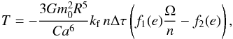 Mathematical equation: \begin{eqnarray} \torque = - \frac{3 G \M^2 R^5}{C a^6} \kf \, n \Delta \tau \left( f_1(e) \frac{\om}{n} - f_2(e) \right) , \label{131119b} \end{eqnarray}
