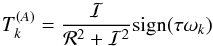 Mathematical equation: \begin{eqnarray} \torque_k^{(A)} = \frac{{\cal I}}{{\cal R}^2 + {\cal I}^2} \mathrm{sign}(\taub\sig_k) \end{eqnarray}